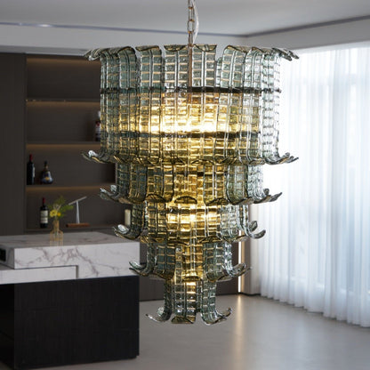 Elegant Cascade Glass Green Chandelier with Adjustable Height & LED Co