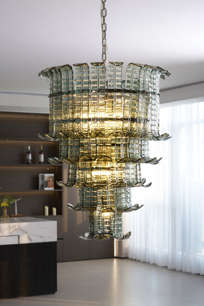 Elegant Cascade Glass Green Chandelier with Adjustable Height & LED Co