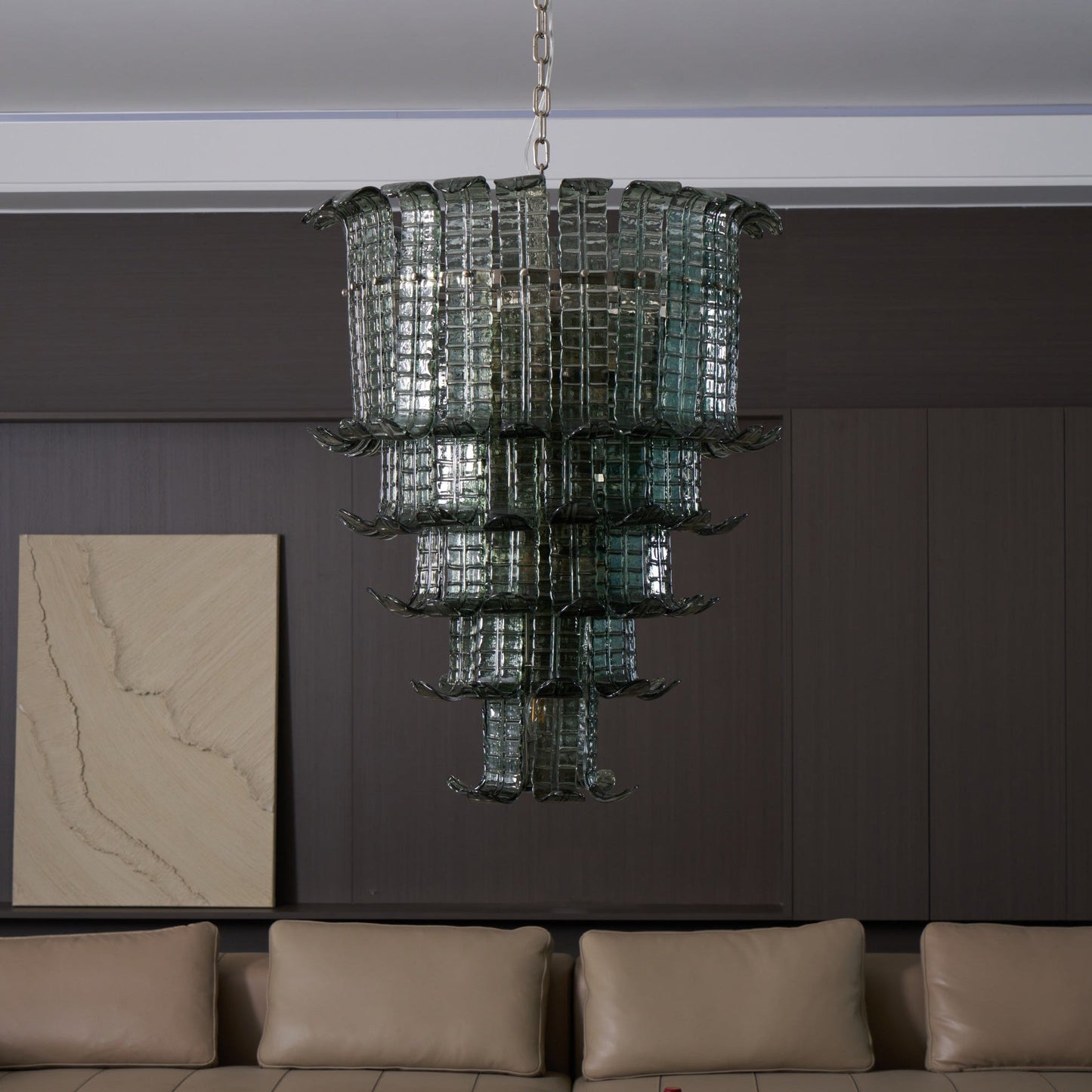 Elegant Cascade Glass Green Chandelier with Adjustable Height & LED Co