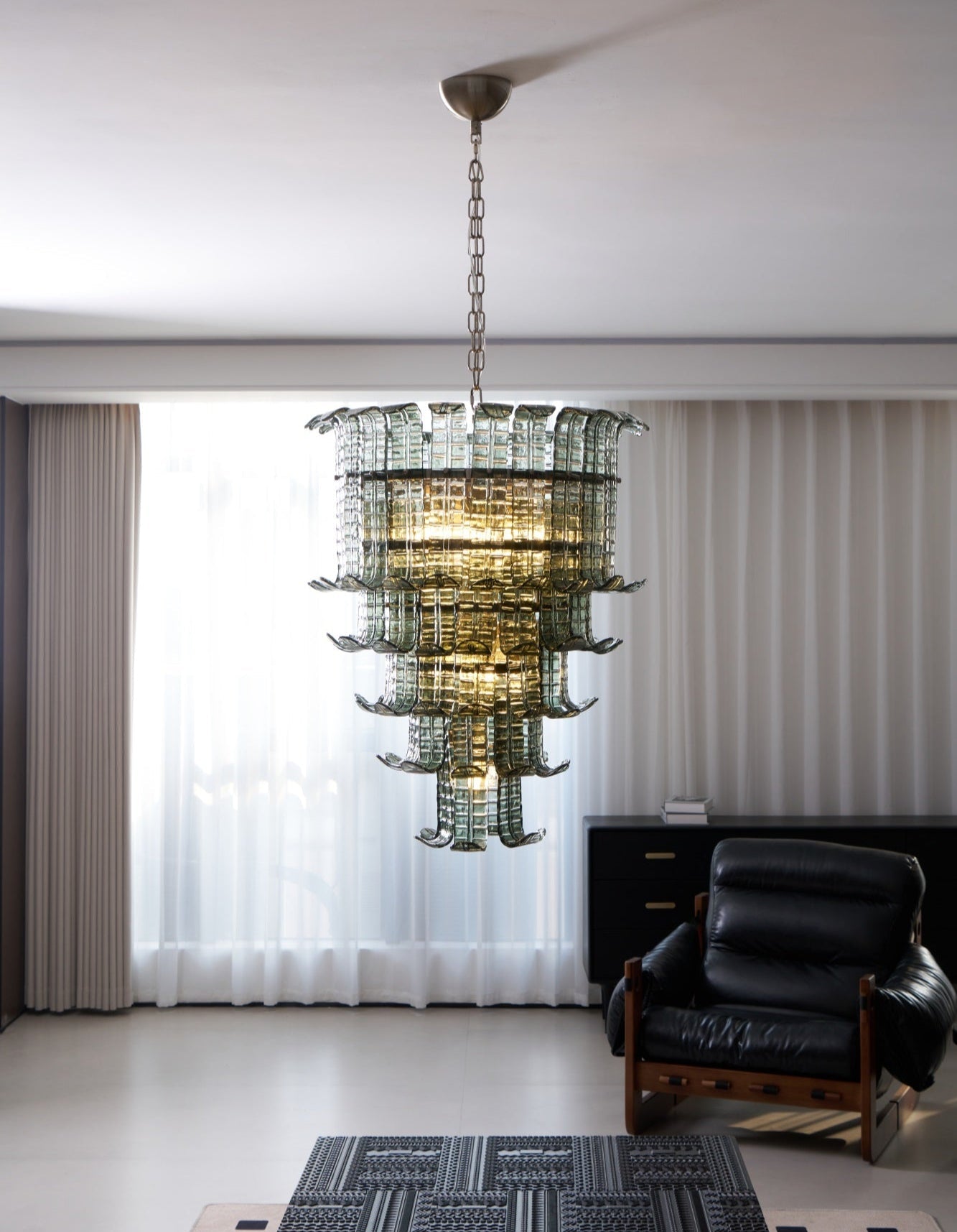 Elegant Cascade Glass Green Chandelier with Adjustable Height & LED Co