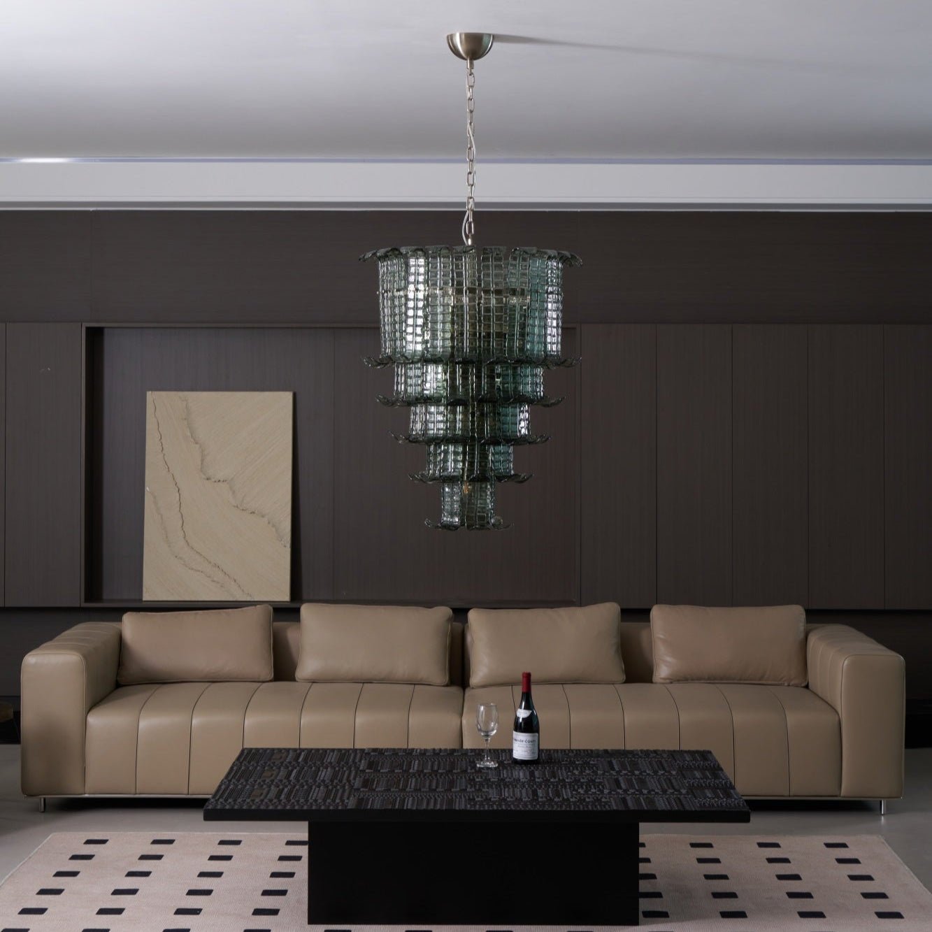 Elegant Cascade Glass Green Chandelier with Adjustable Height & LED Co