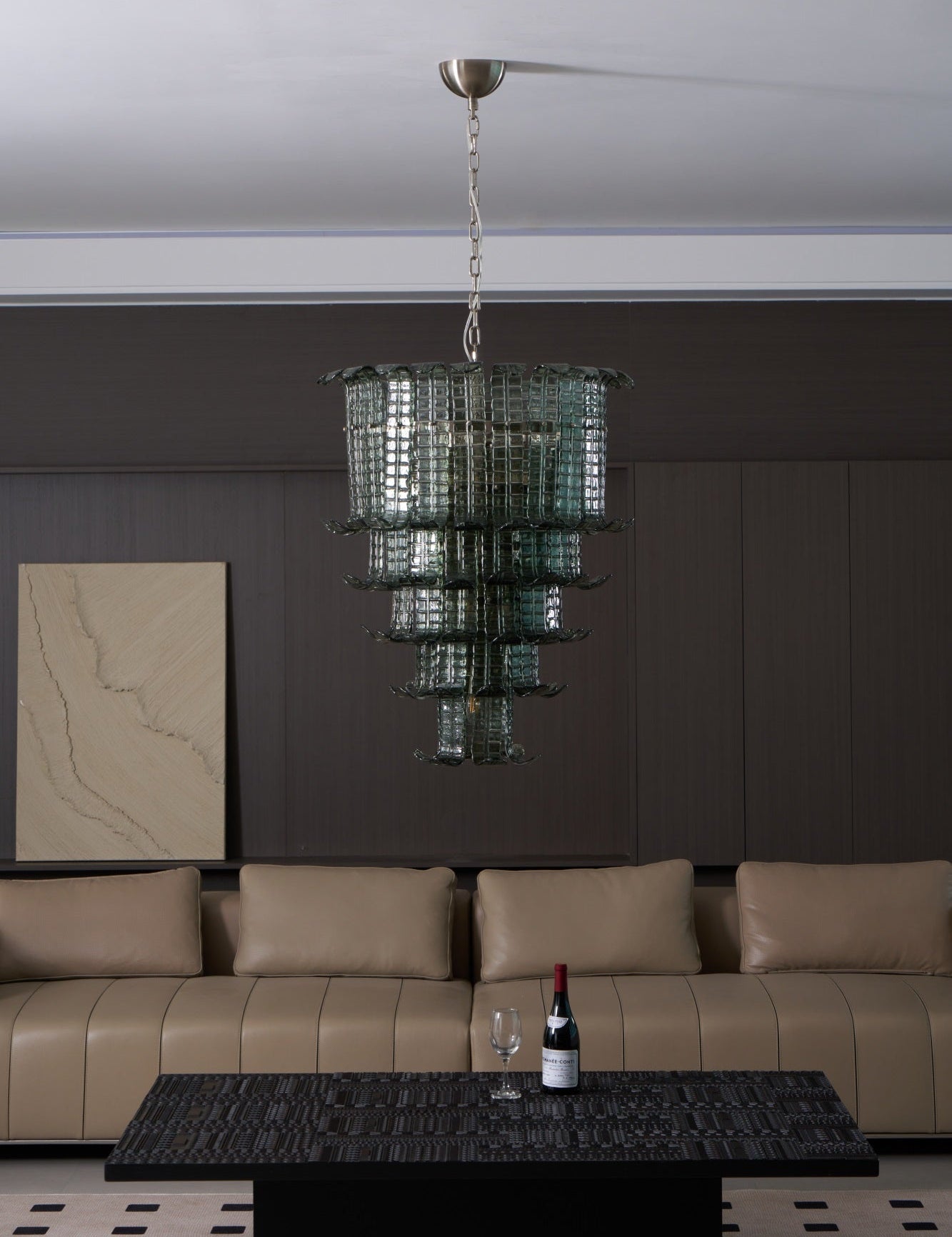 Elegant Cascade Glass Green Chandelier with Adjustable Height & LED Co