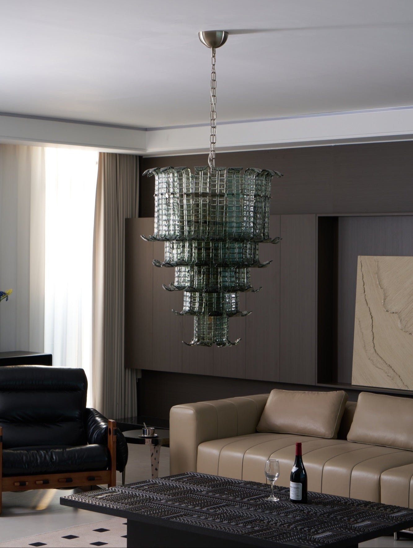 Elegant Cascade Glass Green Chandelier with Adjustable Height & LED Co