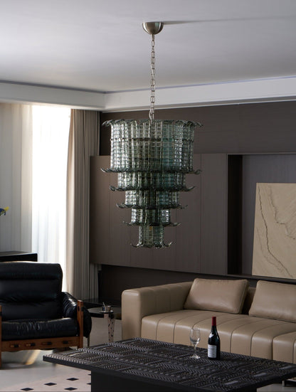 Elegant Cascade Glass Green Chandelier with Adjustable Height & LED Co