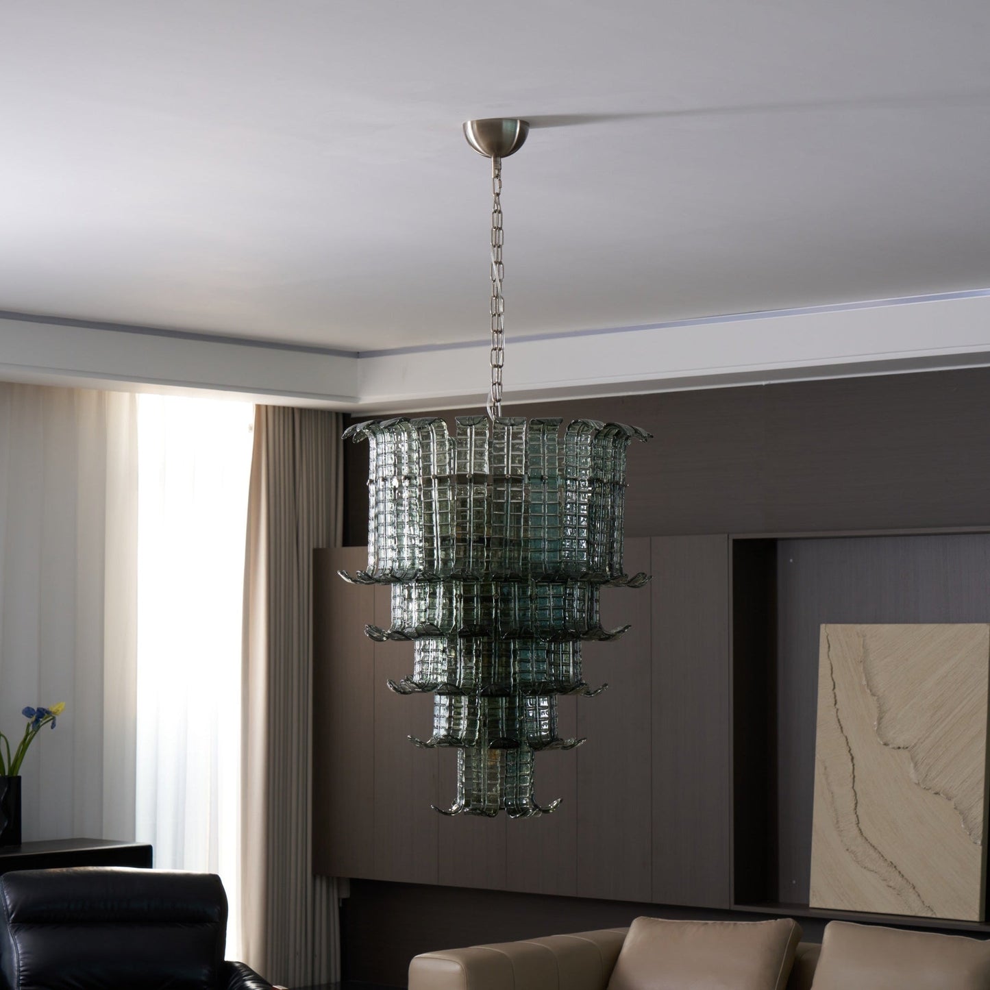 Elegant Cascade Glass Green Chandelier with Adjustable Height & LED Co