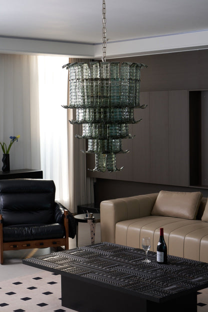 Elegant Cascade Glass Green Chandelier with Adjustable Height & LED Co