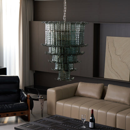 Elegant Cascade Glass Green Chandelier with Adjustable Height & LED Co