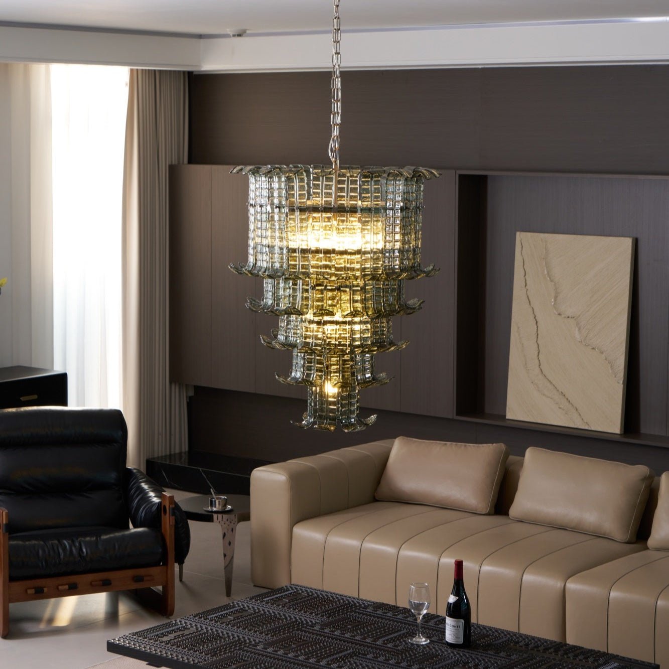 Elegant Cascade Glass Green Chandelier with Adjustable Height & LED Co