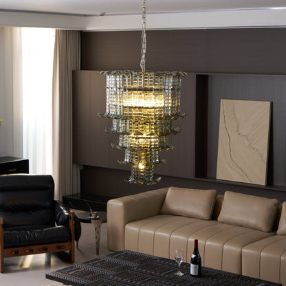 Elegant Cascade Glass Green Chandelier with Adjustable Height & LED Co