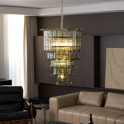 Elegant Cascade Glass Green Chandelier with Adjustable Height & LED Co