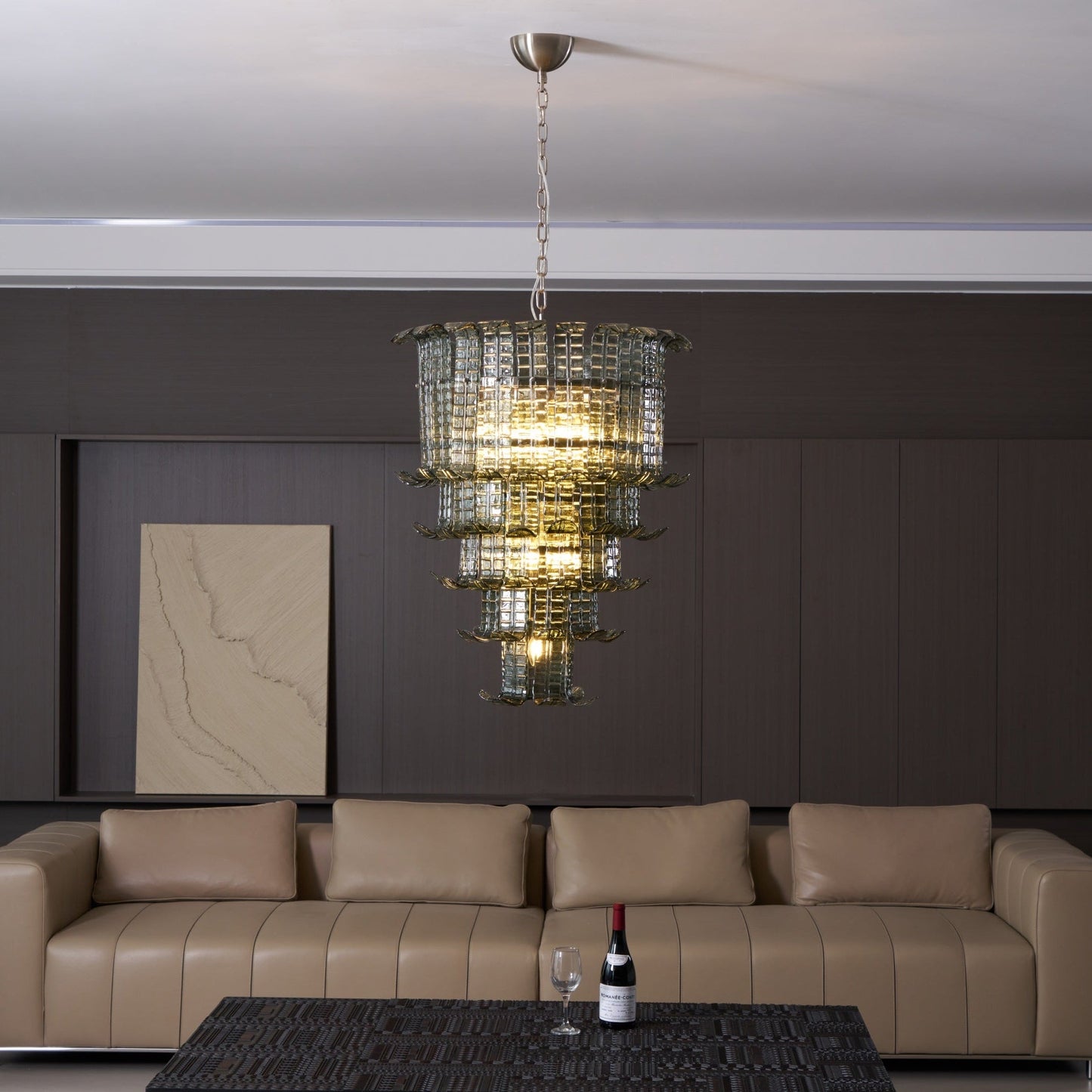 Elegant Cascade Glass Green Chandelier with Adjustable Height & LED Co