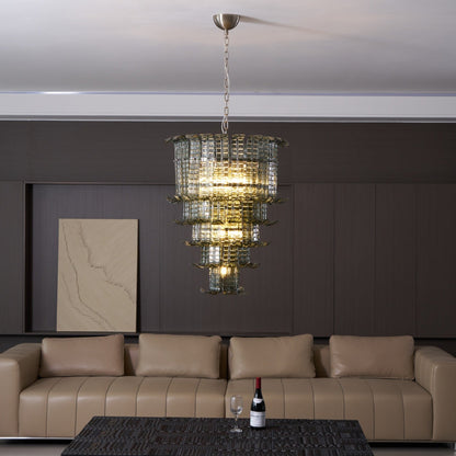 Elegant Cascade Glass Green Chandelier with Adjustable Height & LED Co