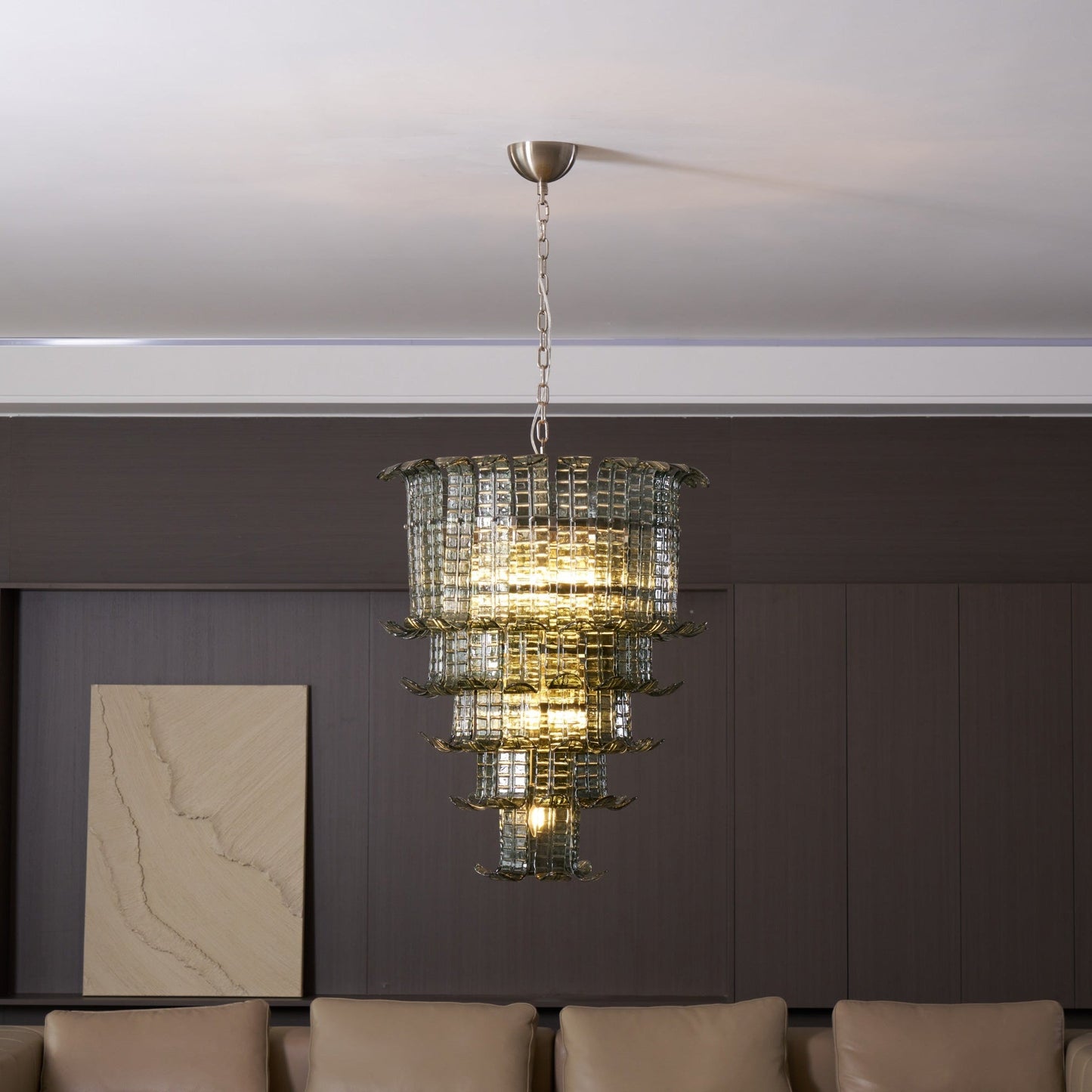 Elegant Cascade Glass Green Chandelier with Adjustable Height & LED Co