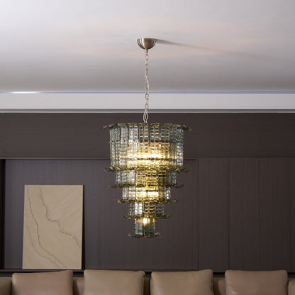 Elegant Cascade Glass Green Chandelier with Adjustable Height & LED Co