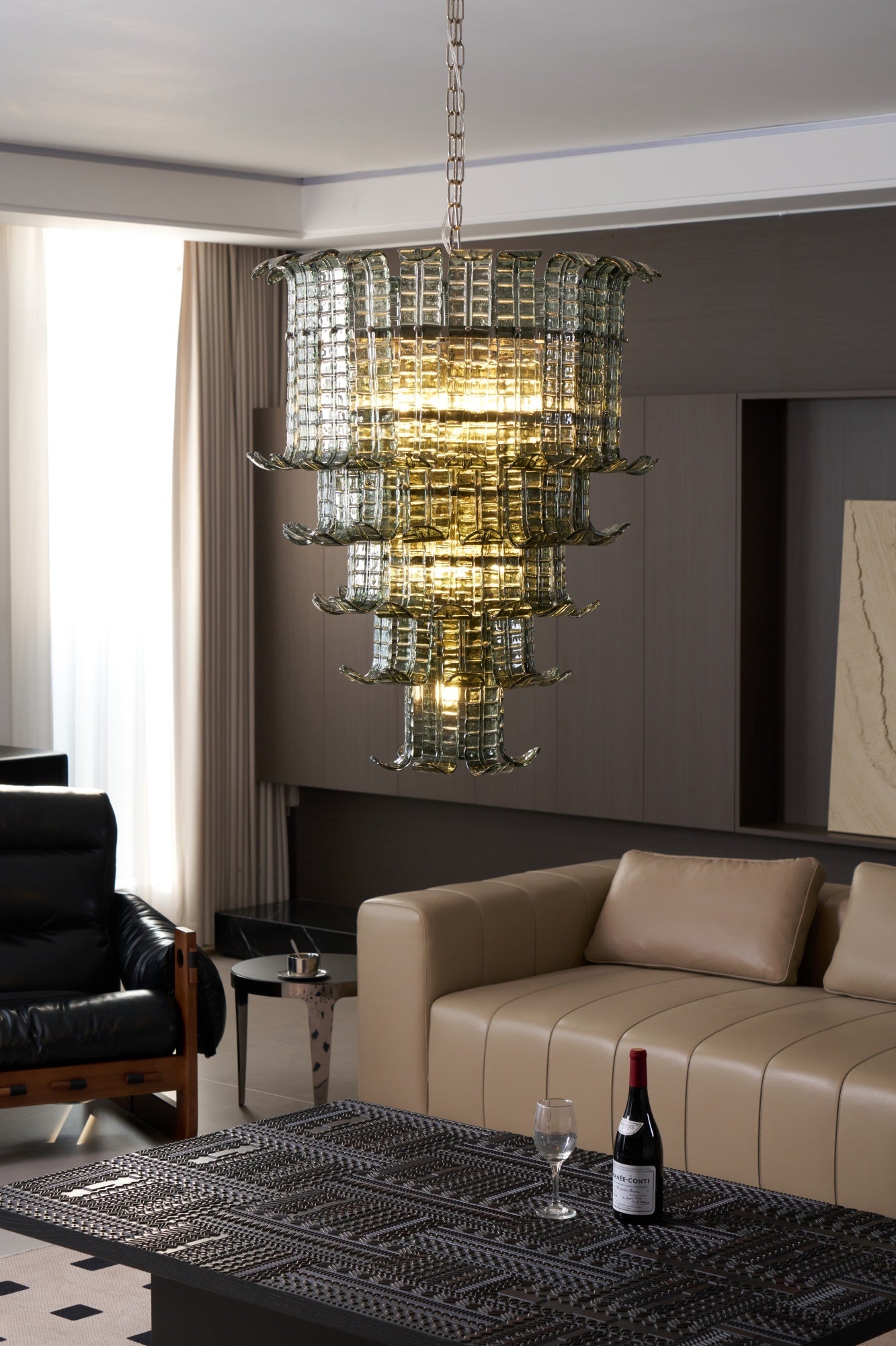Elegant Cascade Glass Green Chandelier with Adjustable Height & LED Co