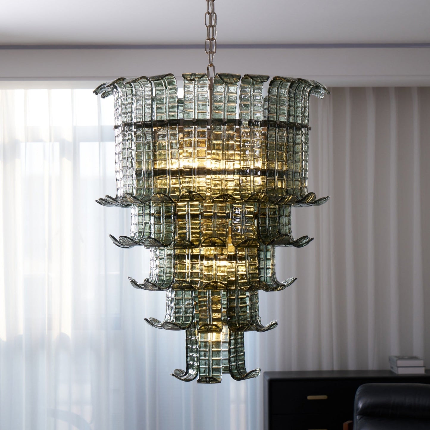 Elegant Cascade Glass Green Chandelier with Adjustable Height & LED Co