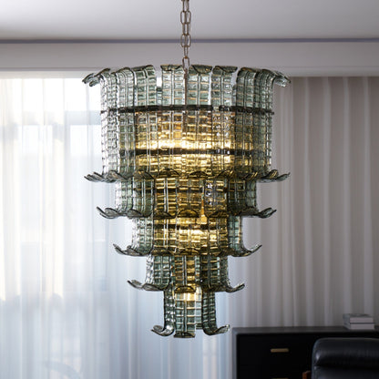 Elegant Cascade Glass Green Chandelier with Adjustable Height & LED Co