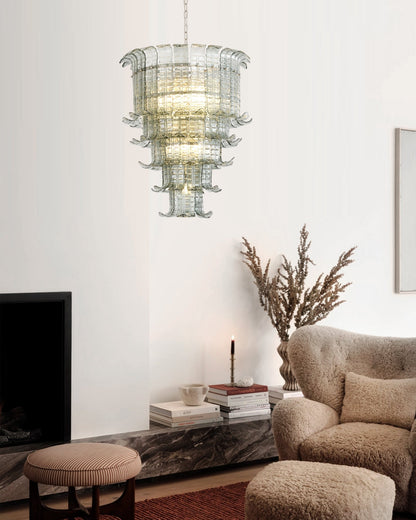 Elegant Cascade Glass Green Chandelier with Adjustable Height & LED Co