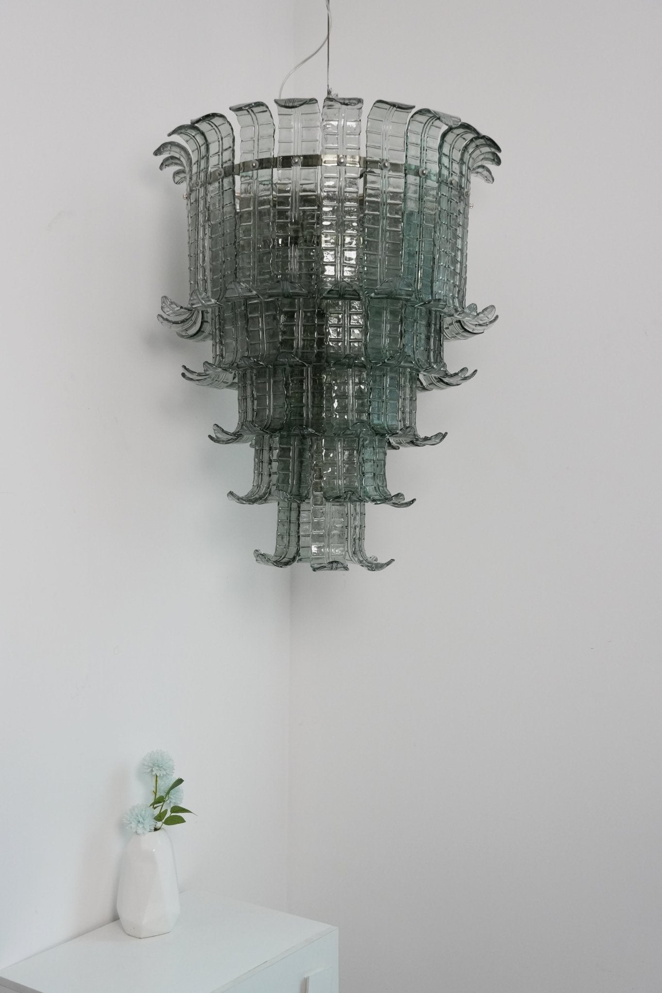 Elegant Cascade Glass Green Chandelier with Adjustable Height & LED Co