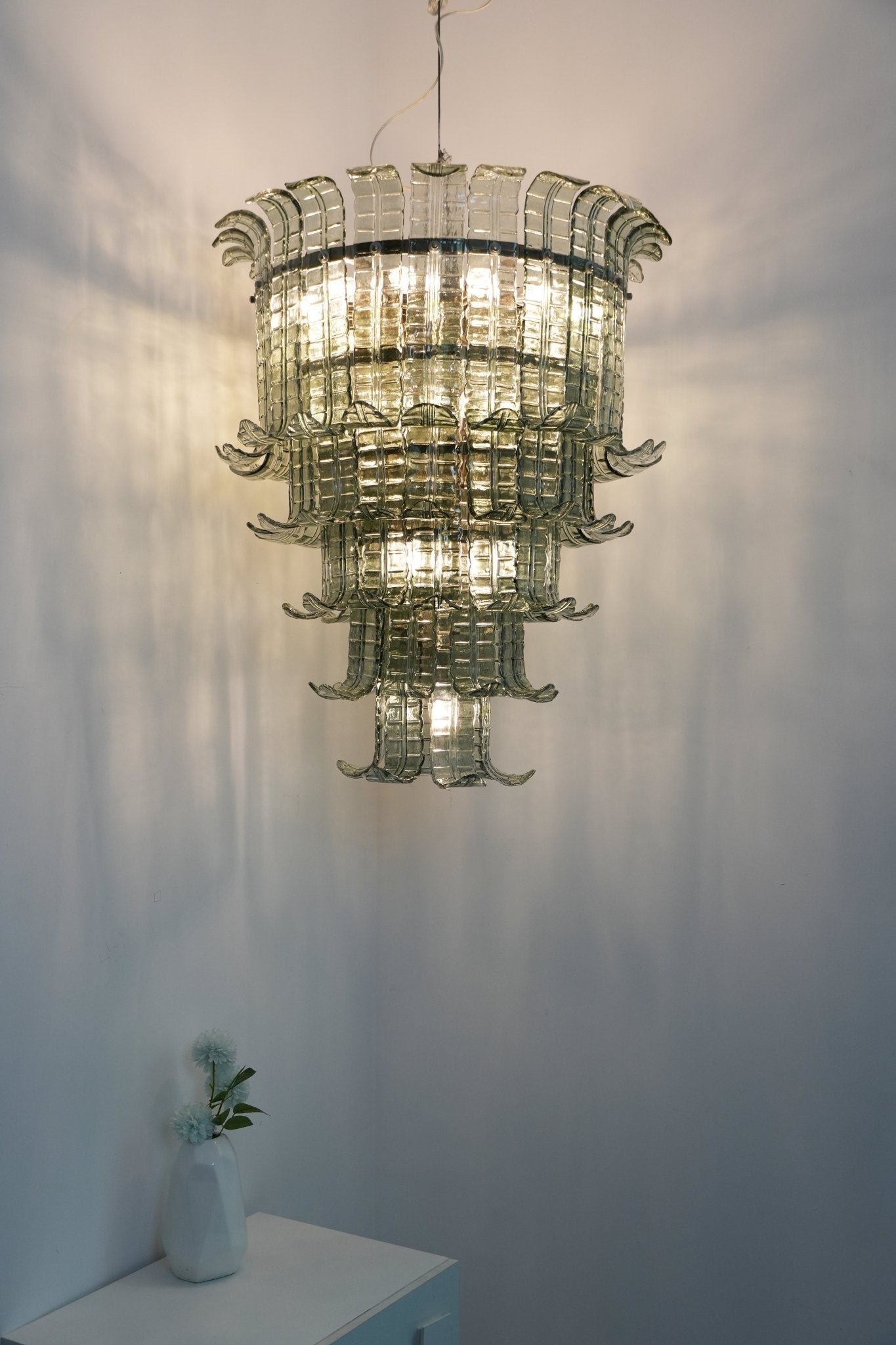 Elegant Cascade Glass Green Chandelier with Adjustable Height & LED Co