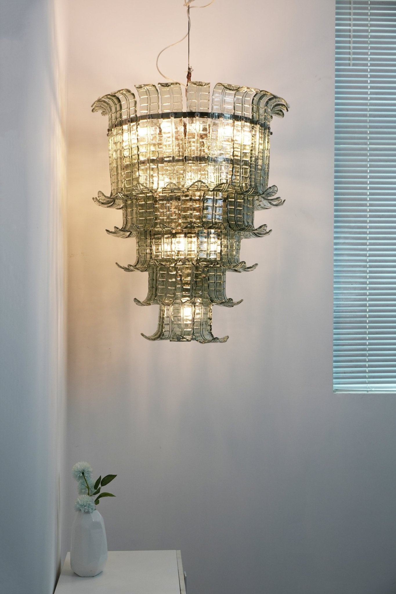 Elegant Cascade Glass Green Chandelier with Adjustable Height & LED Co
