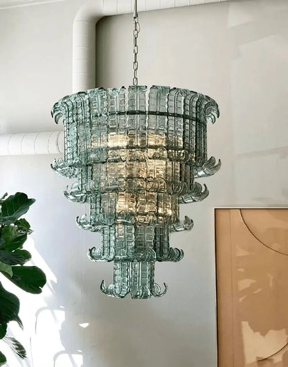 Elegant Cascade Glass Green Chandelier with Adjustable Height & LED Co