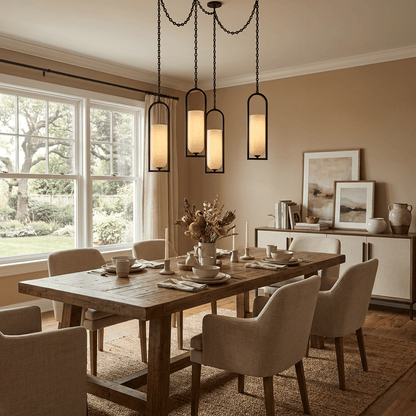 Cascading Chain Lantern Chandelier - Adjustable Height, Warm Glow Ligh