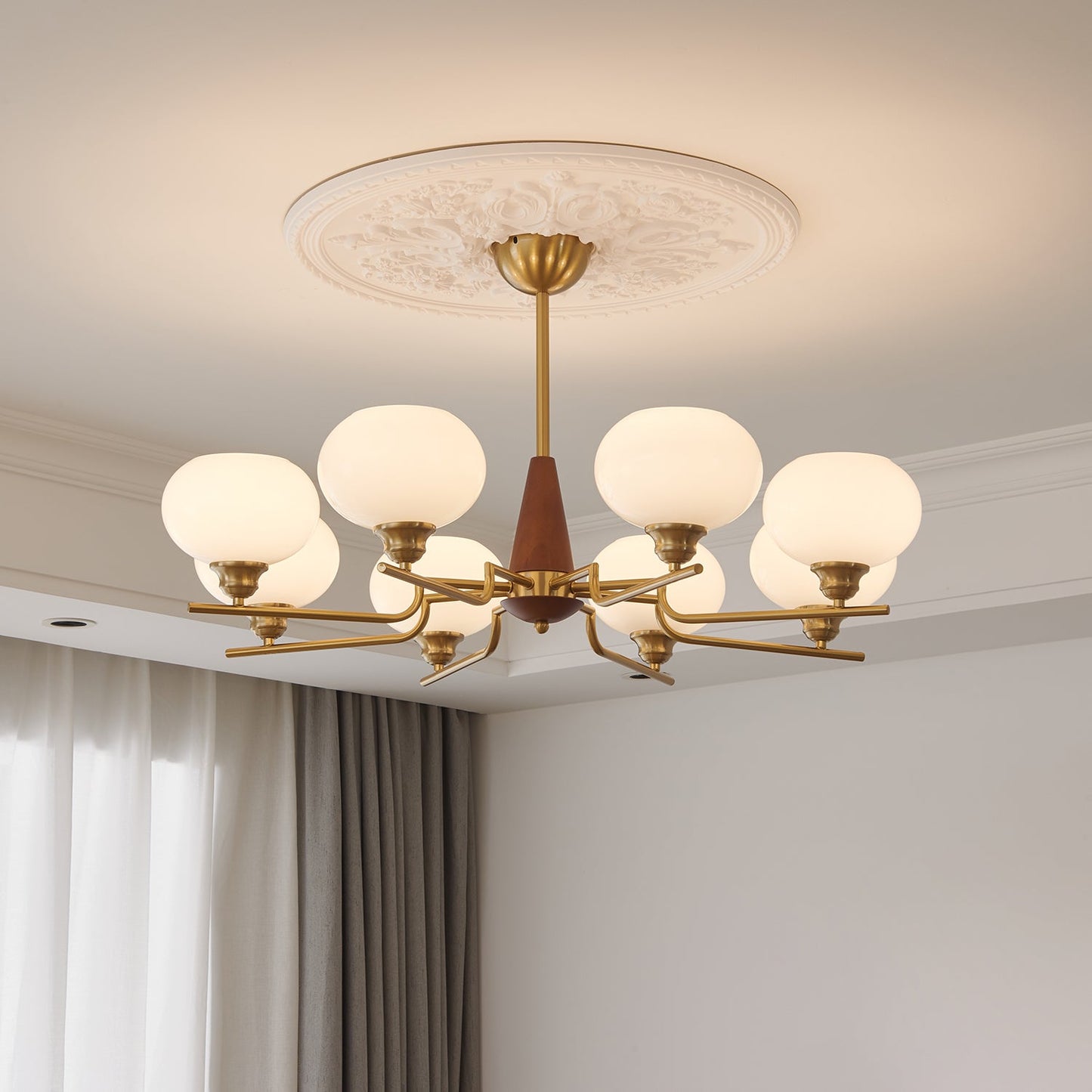 Celeste Sphere Walnut Chandelier - Elegant Design with Adjustable Heig