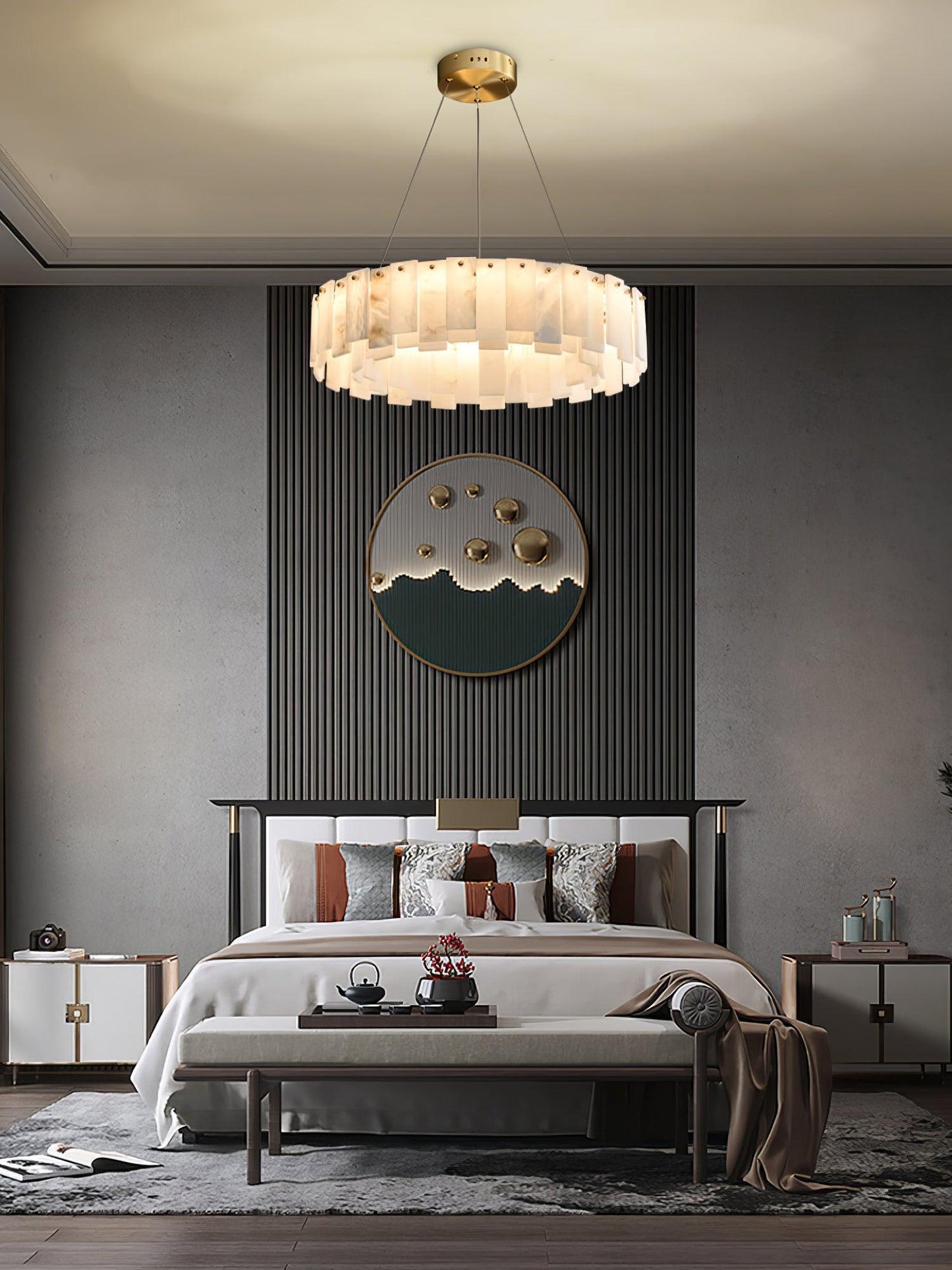 Celestial Alabaster Round Chandelier - Elegant Design & Dimmable Light