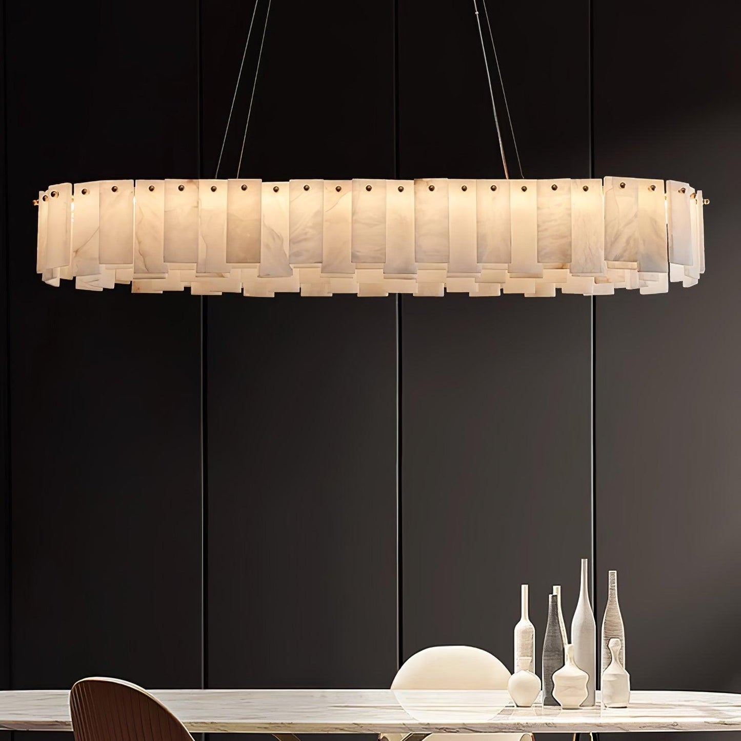 Celestial Alabaster Round Chandelier - Elegant Design & Dimmable Light