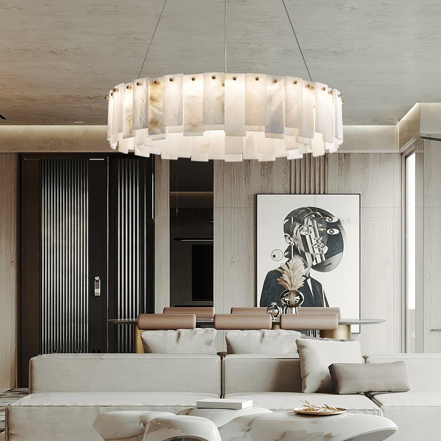 Celestial Alabaster Round Chandelier - Elegant Design & Dimmable Light