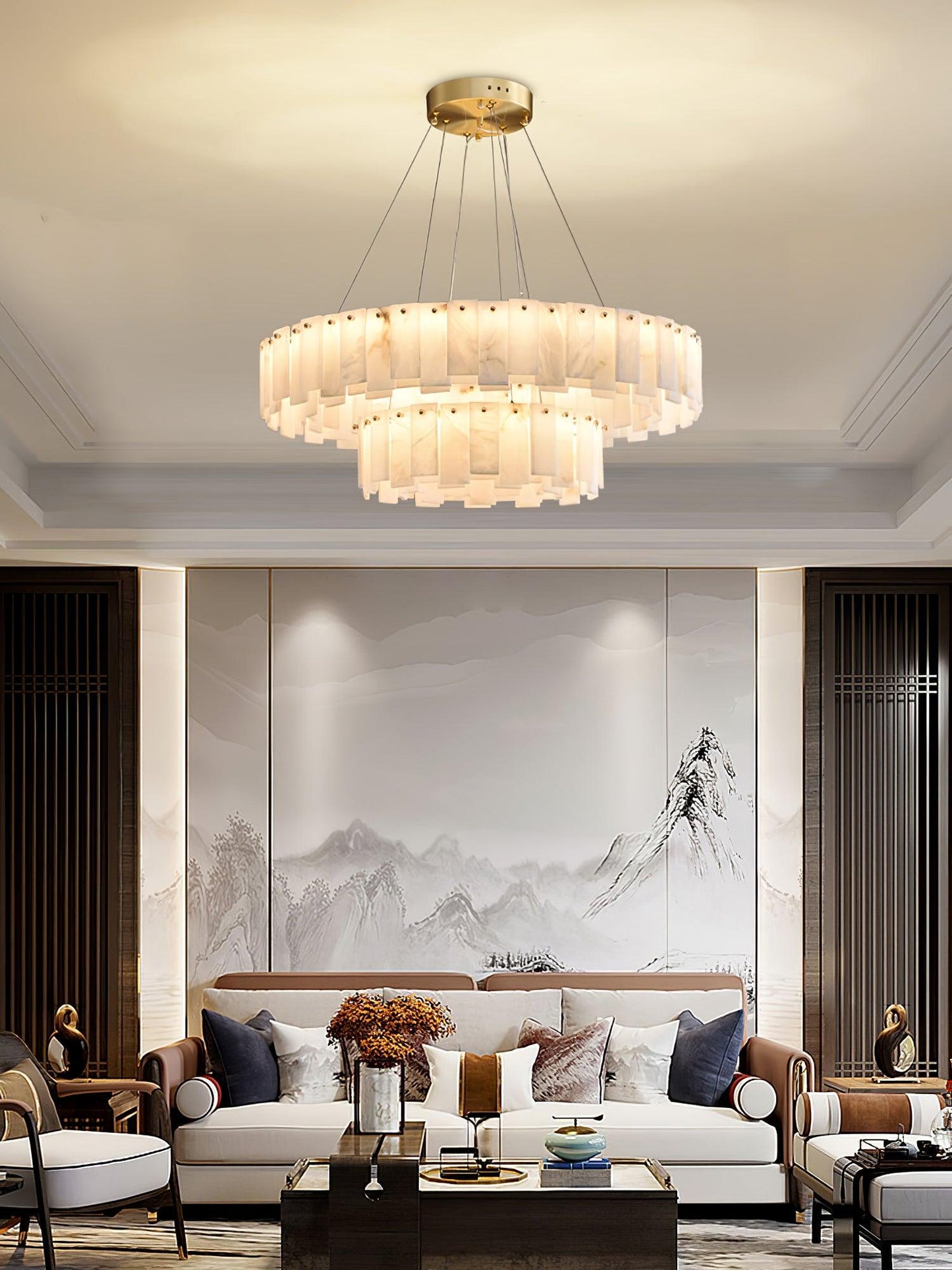 Celestial Alabaster Round Chandelier - Elegant Design & Dimmable Light