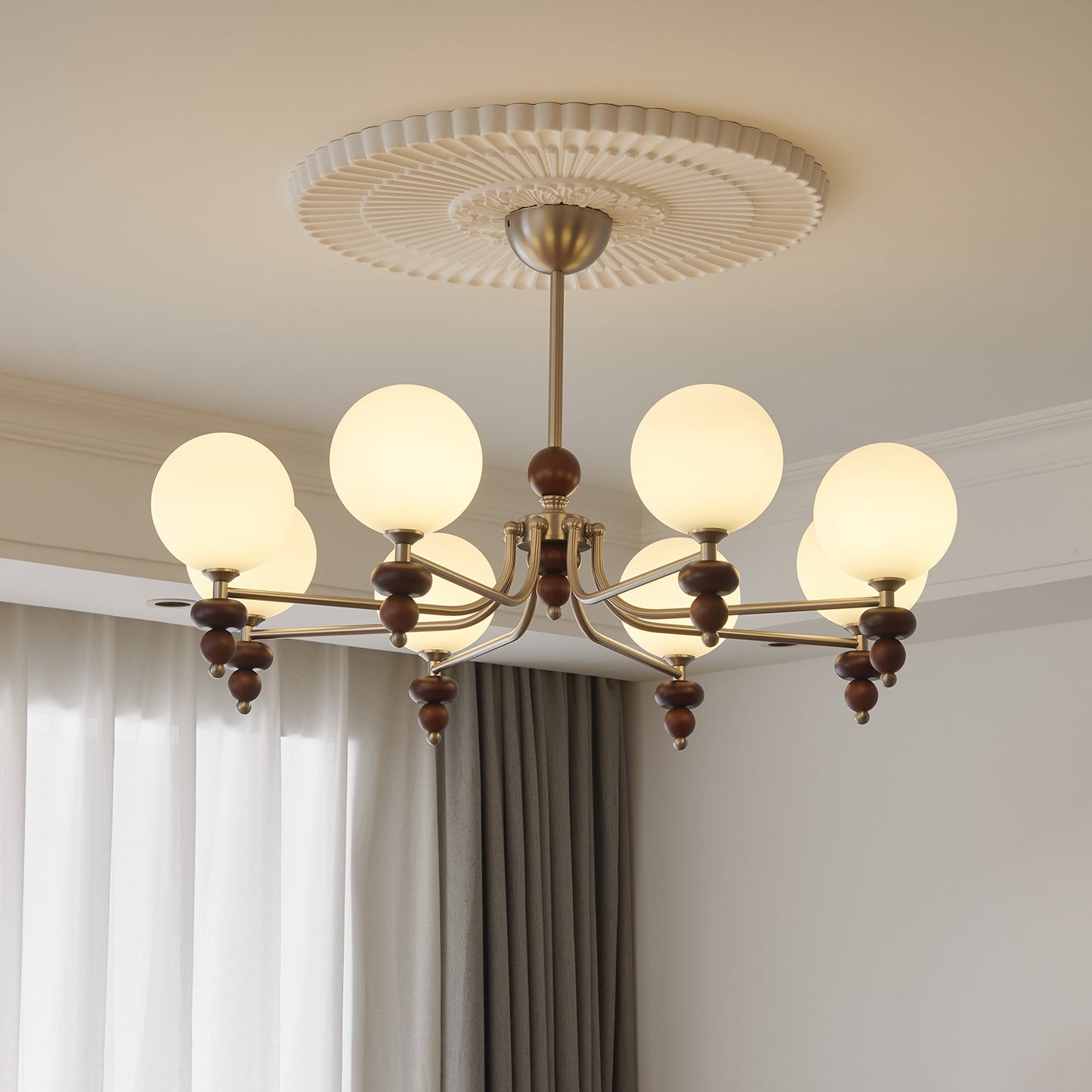 Celestial Sphere Walnut Chandelier - Adjustable Height, LED Compatible