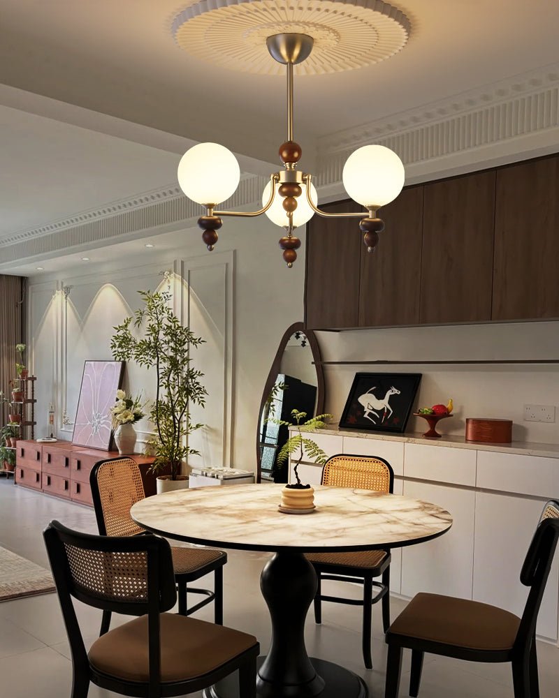 Celestial Sphere Walnut Chandelier - Adjustable Height, LED Compatible