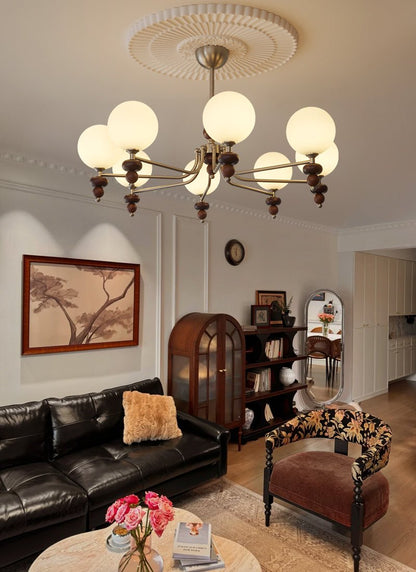 Celestial Sphere Walnut Chandelier - Adjustable Height, LED Compatible
