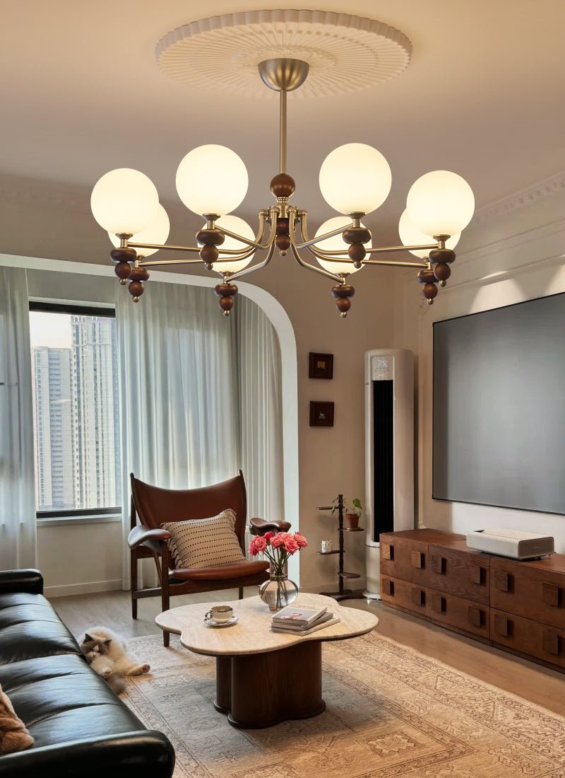 Celestial Sphere Walnut Chandelier - Adjustable Height, LED Compatible