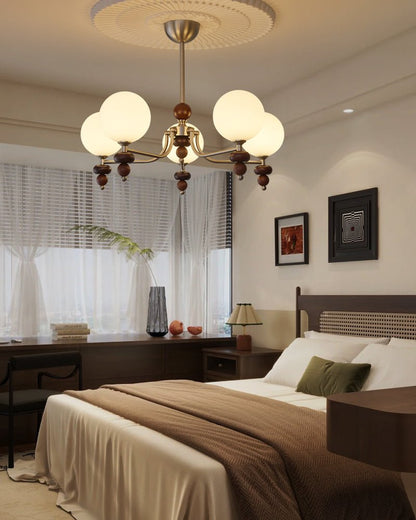 Celestial Sphere Walnut Chandelier - Adjustable Height, LED Compatible