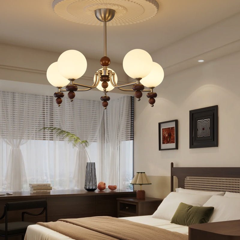 Celestial Sphere Walnut Chandelier - Adjustable Height, LED Compatible
