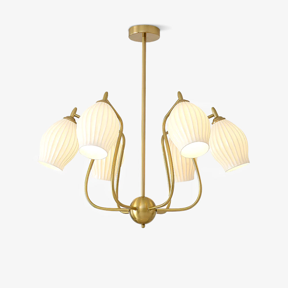 Ceramic Ribbed Chandelier with Adjustable Height and Soft Ambient Ligh
