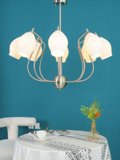 Ceramic Ribbed Chandelier with Adjustable Height and Soft Ambient Ligh