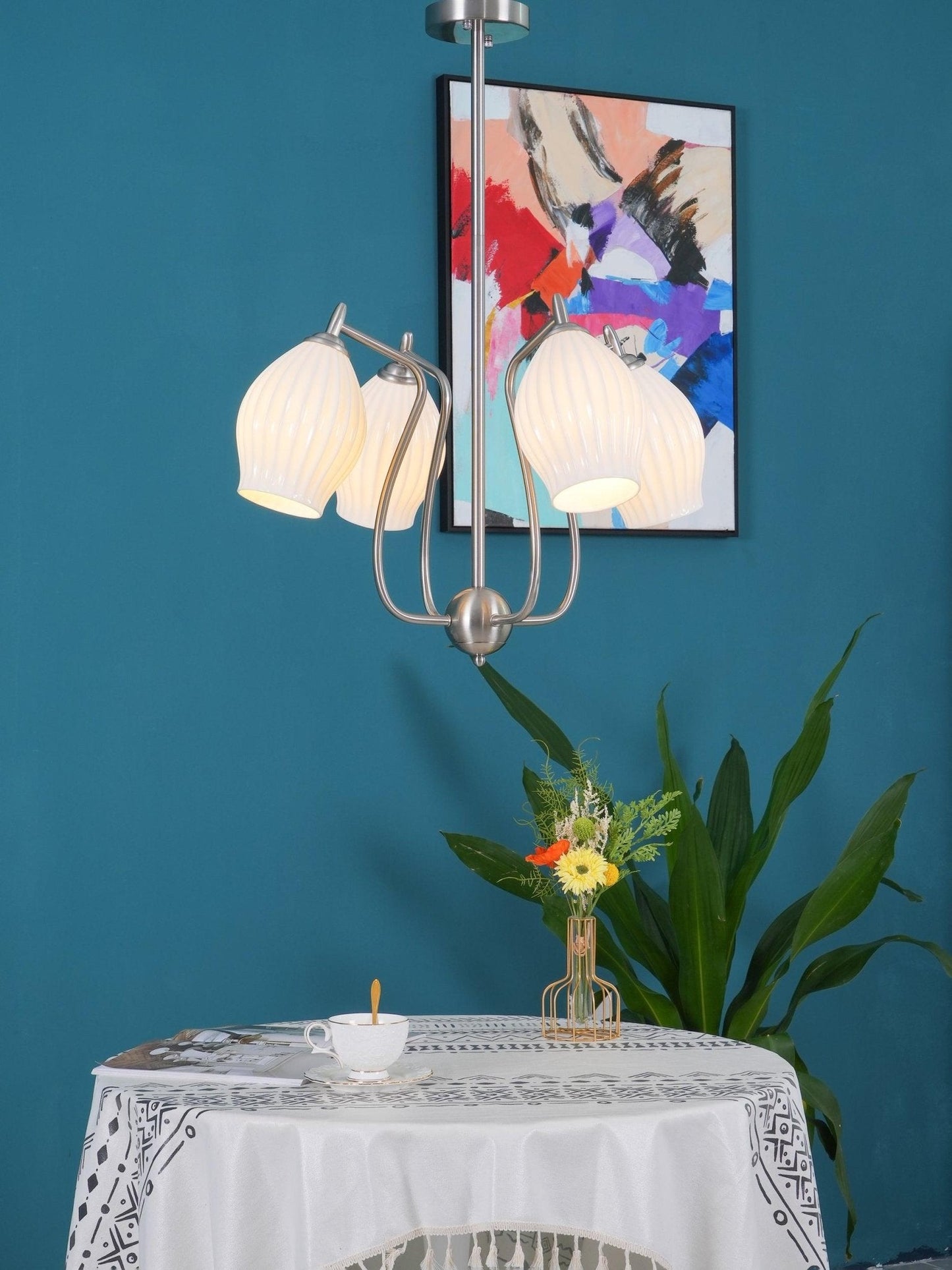 Ceramic Ribbed Chandelier with Adjustable Height and Soft Ambient Ligh