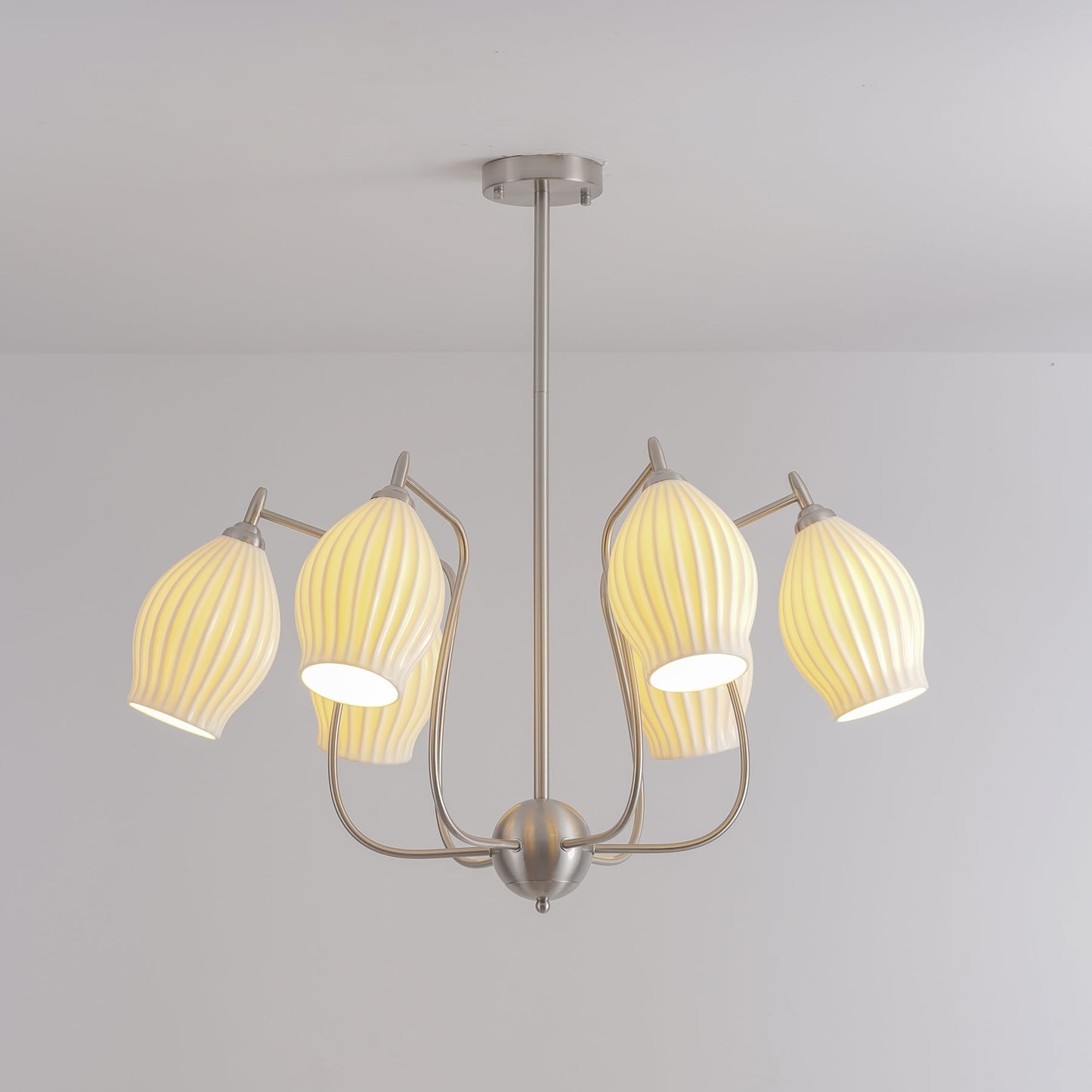 Ceramic Ribbed Chandelier with Adjustable Height and Soft Ambient Ligh