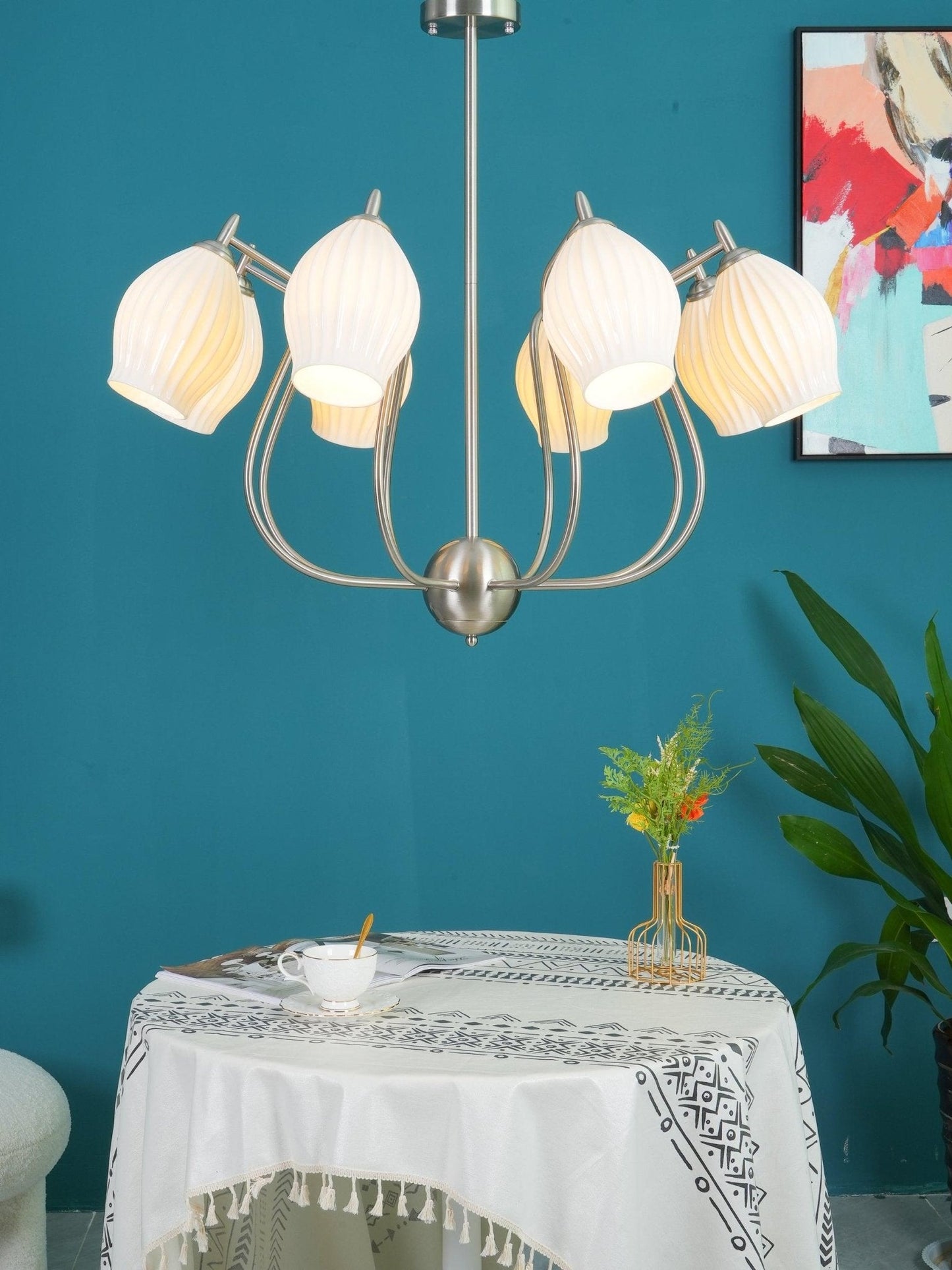 Ceramic Ribbed Chandelier with Adjustable Height and Soft Ambient Ligh