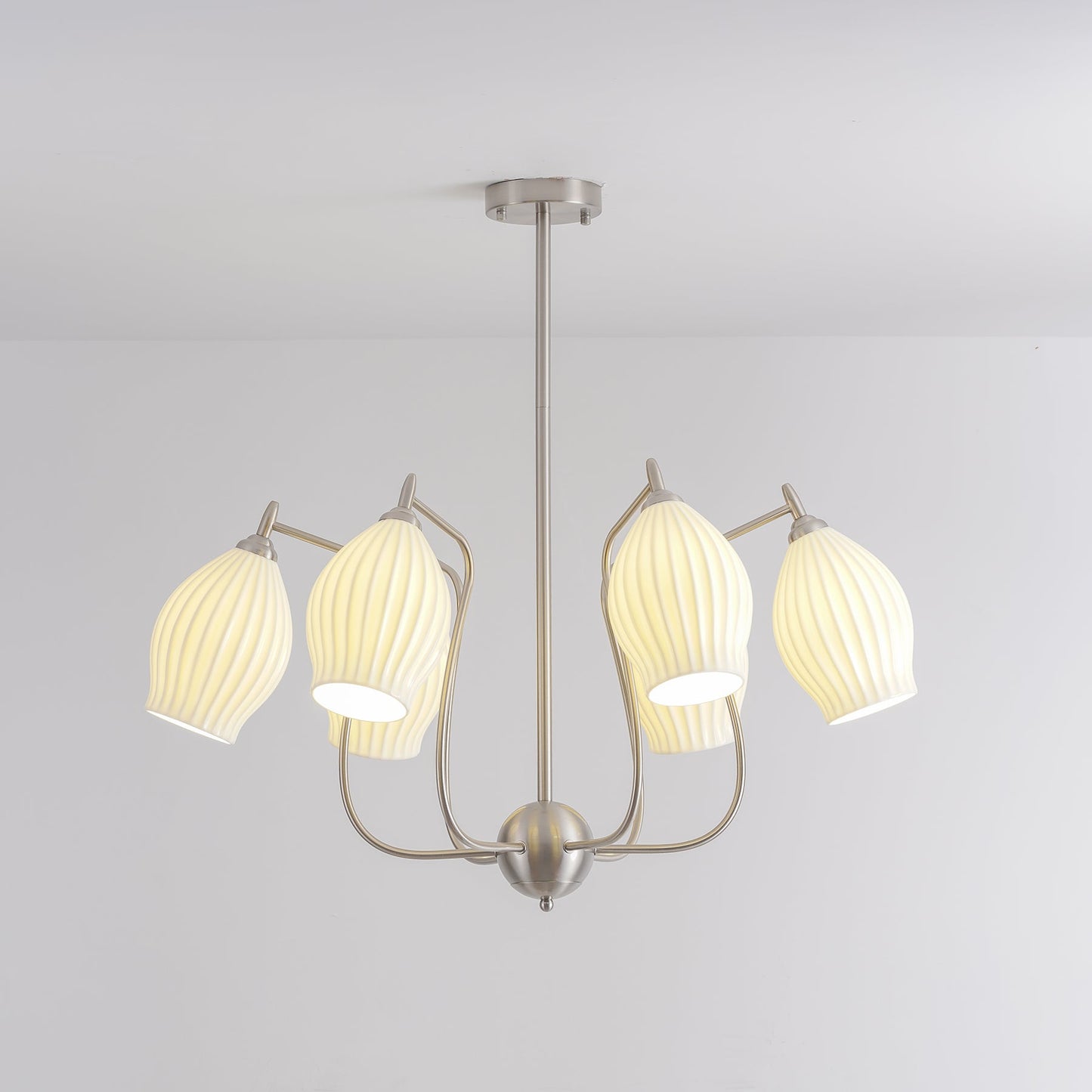 Ceramic Ribbed Chandelier with Adjustable Height and Soft Ambient Ligh