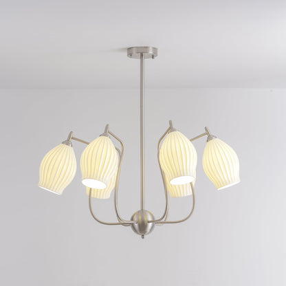 Ceramic Ribbed Chandelier with Adjustable Height and Soft Ambient Ligh