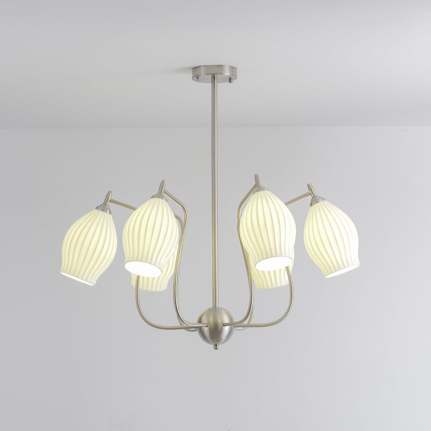 Ceramic Ribbed Chandelier with Adjustable Height and Soft Ambient Ligh
