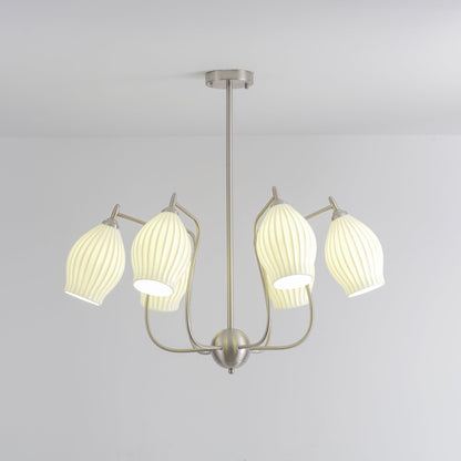 Ceramic Ribbed Chandelier with Adjustable Height and Soft Ambient Ligh