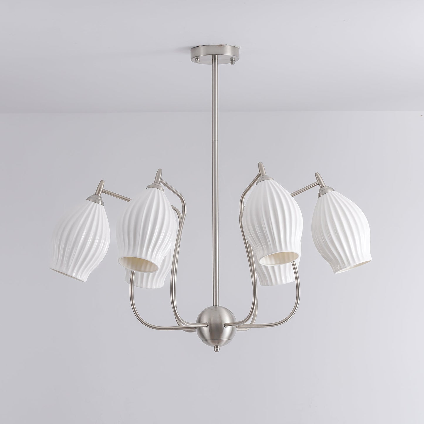 Ceramic Ribbed Chandelier with Adjustable Height and Soft Ambient Ligh