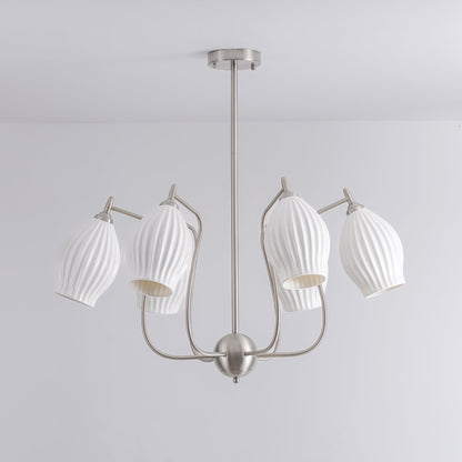 Ceramic Ribbed Chandelier with Adjustable Height and Soft Ambient Ligh