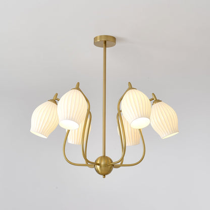 Ceramic Ribbed Chandelier with Adjustable Height and Soft Ambient Ligh